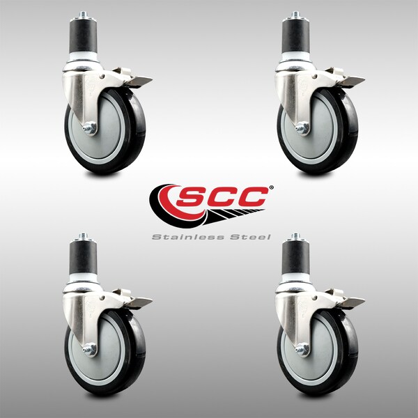 5 Inch 316SS Black Poly Swivel 1-3/4 Inch Expanding Stem Caster Set Lock Brake